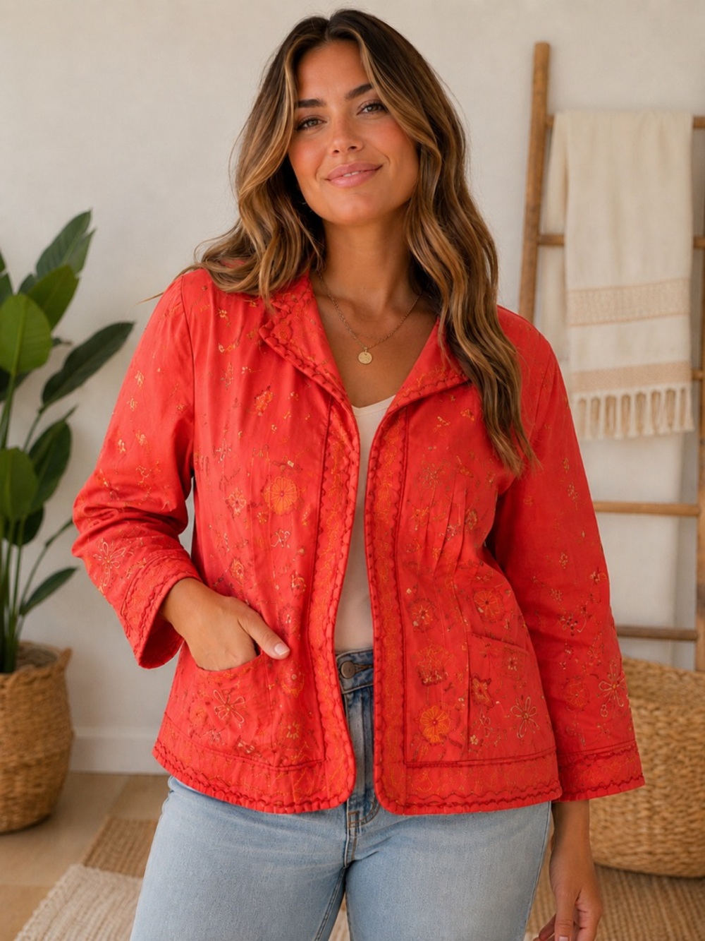 Embroidered Boho Jacket – Orange | Cropped Festival Style | L/XL (Size 16